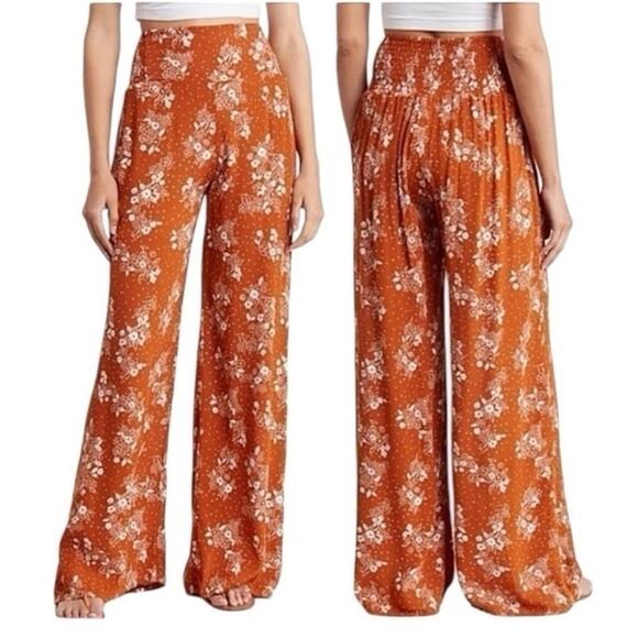 Three Dots  Orange Rust Floral Wide Elastic Waist Pants Pockets Size Small - Picture 1 of 8